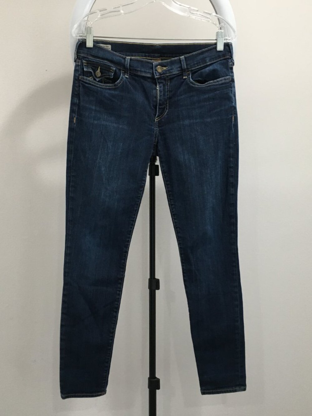 TRUE RELIGION Dark Wash CASEY Low Rise Super Skinny 5 Pocket Logo Hardware Jeans